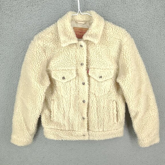 Levis Jacket Womens Xs Sherpa Snap Up Cream White Pockets - Picture 1 of 11